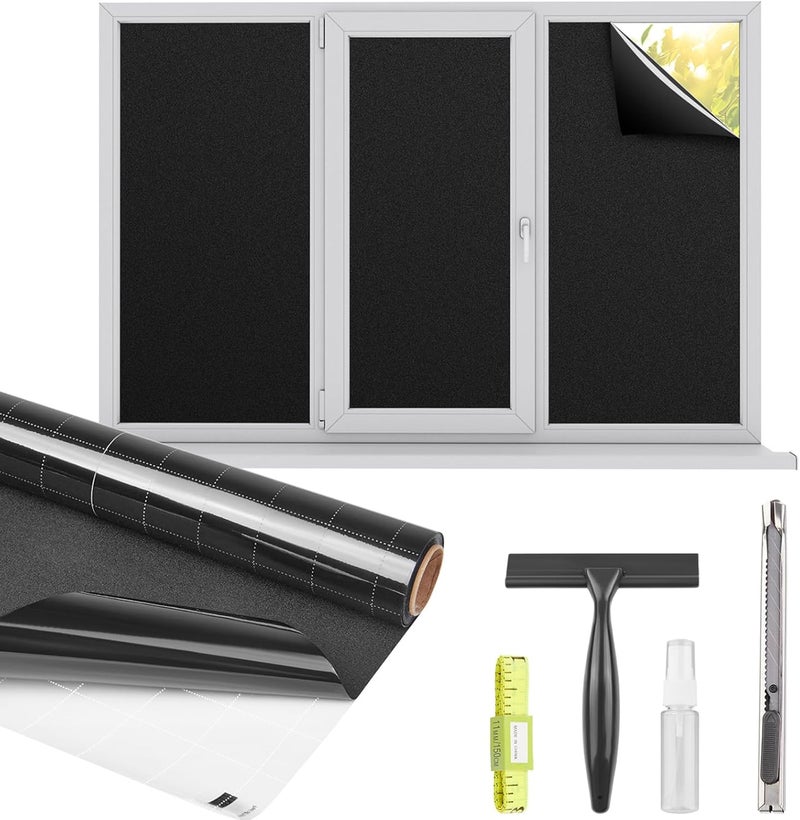 Kromapolis Blackout Window Privacy Film Total Light Blocking Room Darkening Window Covering, Removable Static Cling Frosted Glass Tint, Non-Adhesive, Black 29.5'' x 157.4'' - Image 1